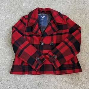 Y2K American Eagle Outfitters Coat Womens XL Red Plaid Pea Wool Blend Winter